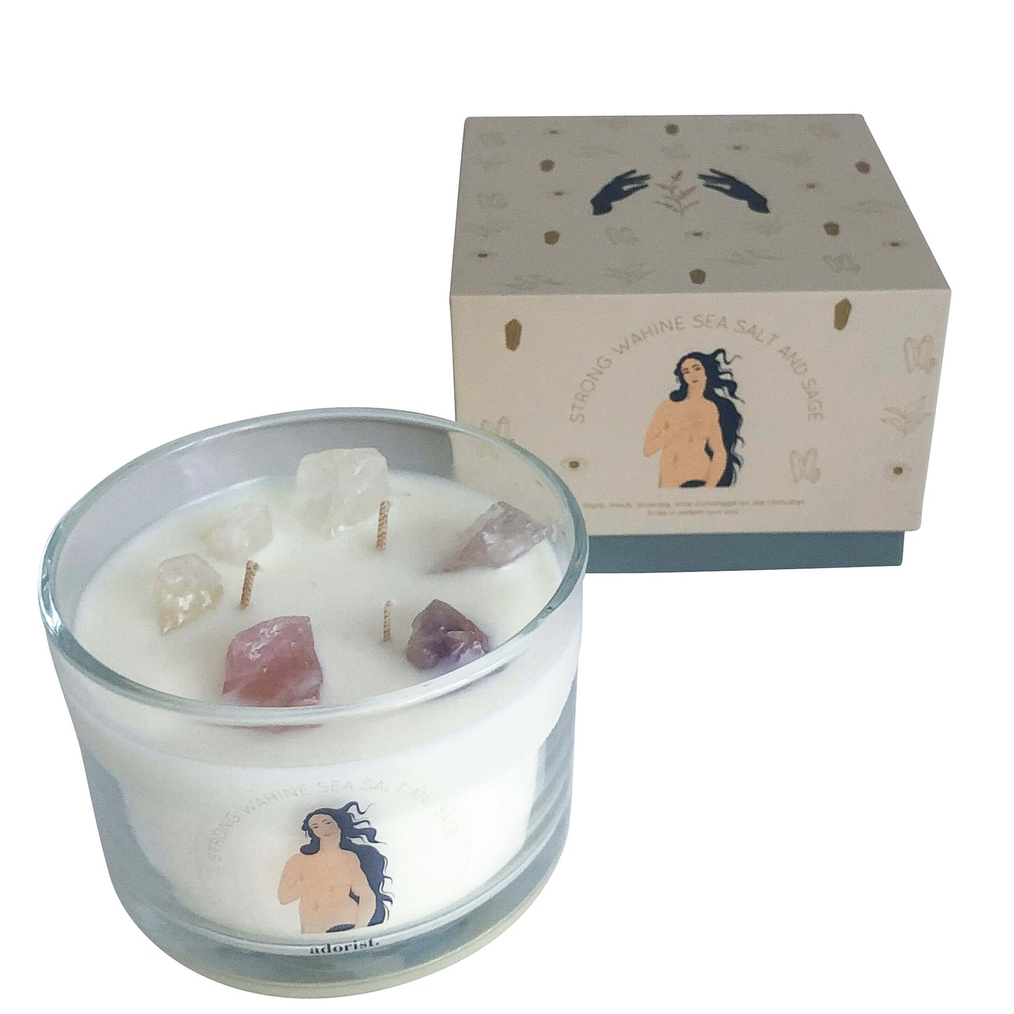 3 Docht Duftkerze aus Sojawachs mit Kristallen Strong Wahine Sea Salt & Sage zum Durchatmen & Runterkommen