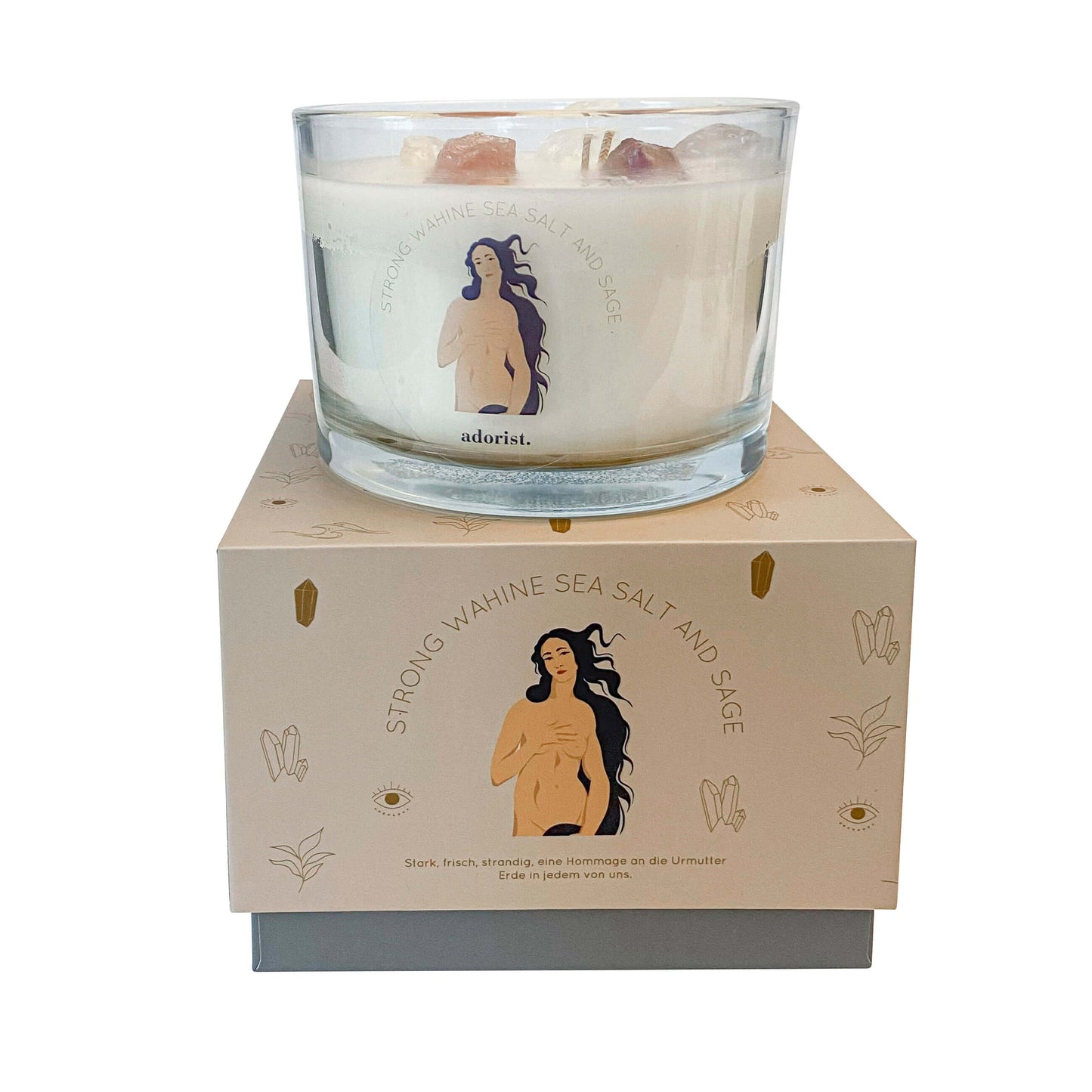 3 Docht Duftkerze aus Sojawachs mit Kristallen Strong Wahine Sea Salt & Sage zum Durchatmen & Runterkommen