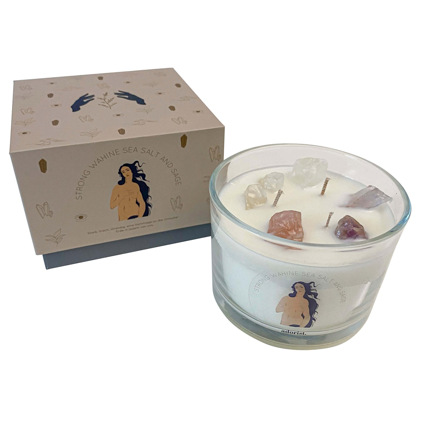 3 Docht Duftkerze aus Sojawachs mit Kristallen Strong Wahine Sea Salt & Sage zum Durchatmen & Runterkommen