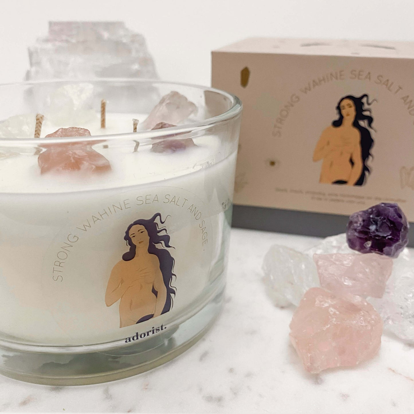 3 Docht Duftkerze aus Sojawachs mit Kristallen Strong Wahine Sea Salt & Sage zum Durchatmen & Runterkommen