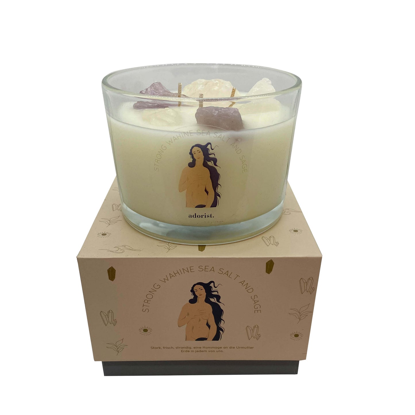 3 Docht Duftkerze aus Sojawachs mit Kristallen Strong Wahine Sea Salt & Sage zum Durchatmen & Runterkommen