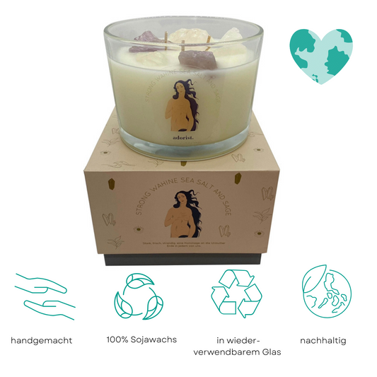 3 Docht Duftkerze aus Sojawachs mit Kristallen Strong Wahine Sea Salt & Sage zum Durchatmen & Runterkommen