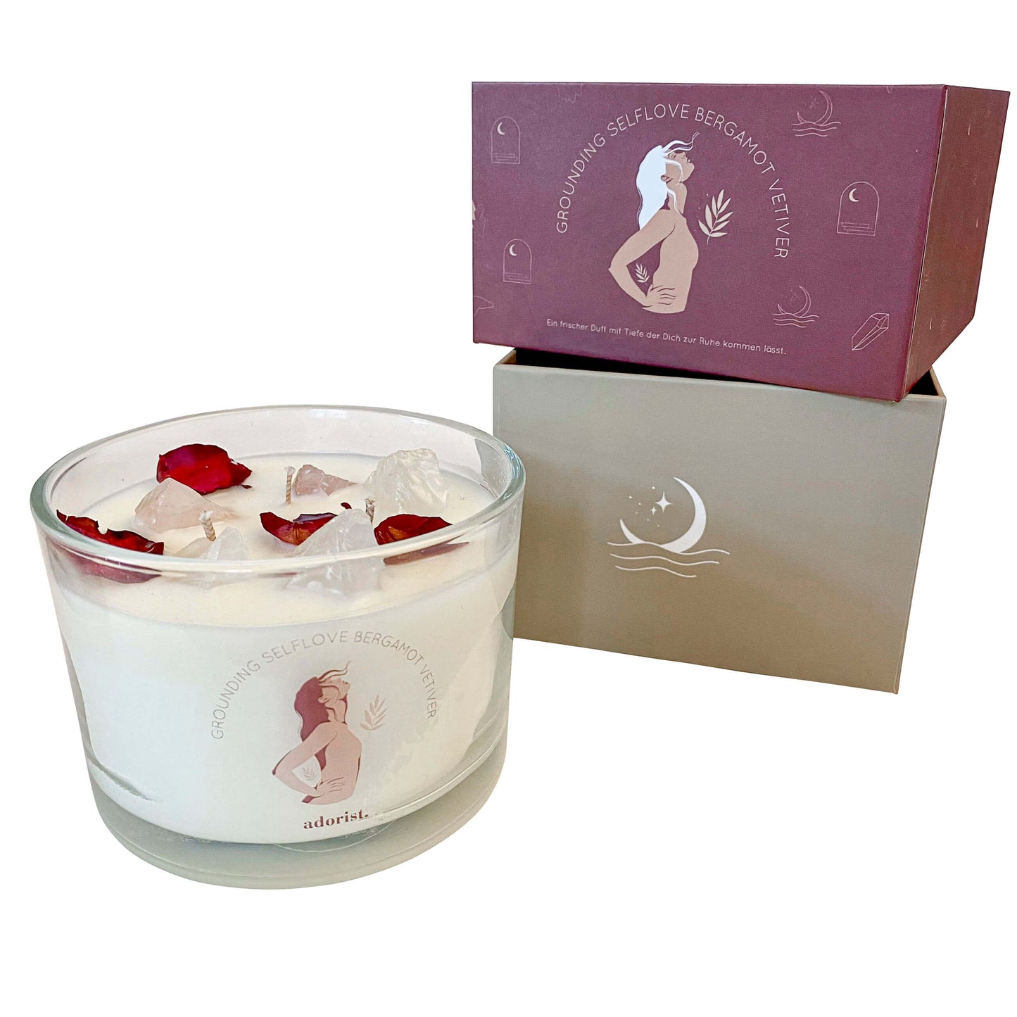 3 Docht Duftkerze aus Sojawachs mit Kristallen Grounding Selflove Bergamot & Vertiver zum Durchatmen & Runterkommen