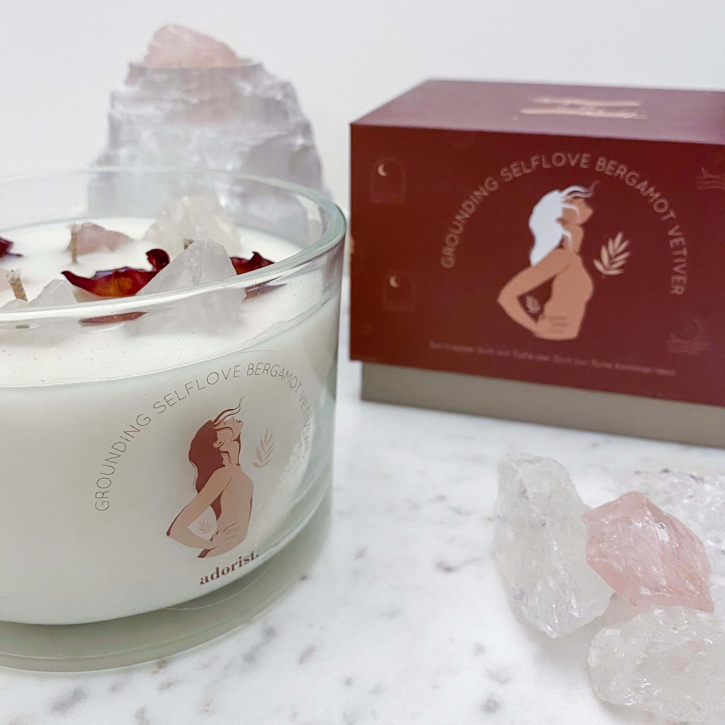 3 Docht Duftkerze aus Sojawachs mit Kristallen Grounding Selflove Bergamot & Vertiver zum Durchatmen & Runterkommen