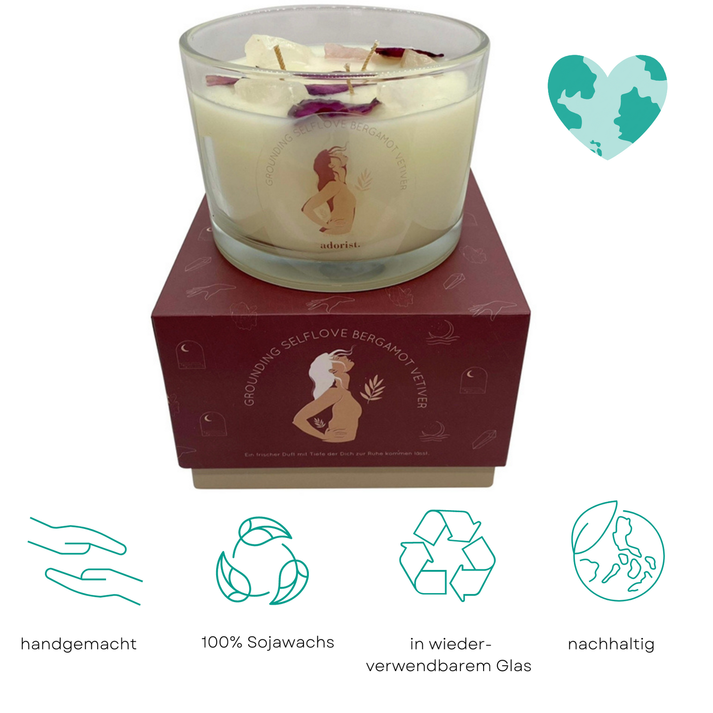 3 Docht Duftkerze aus Sojawachs mit Kristallen Grounding Selflove Bergamot & Vertiver zum Durchatmen & Runterkommen
